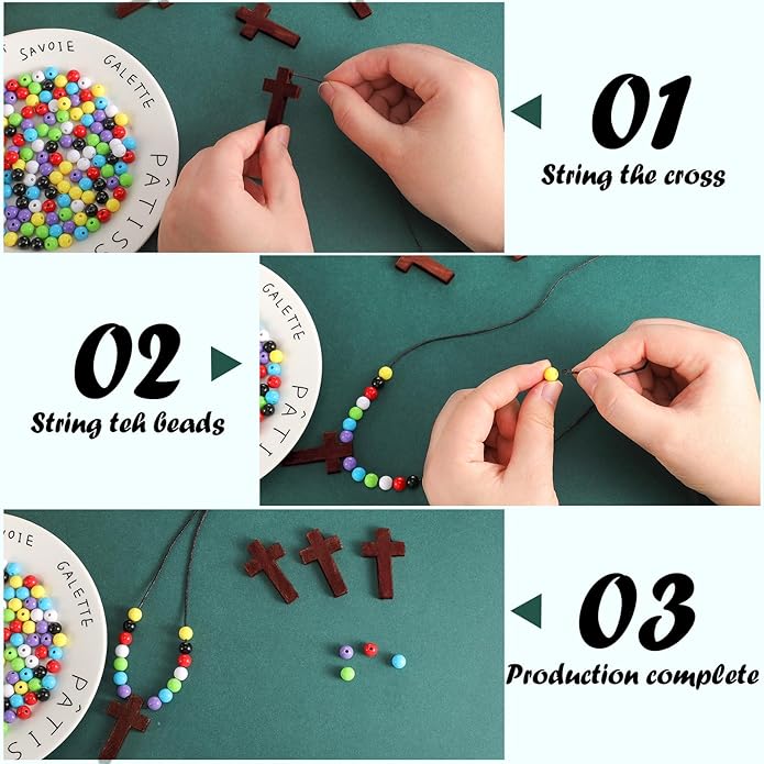 Kathfly DIY Wood Cross on Cord Pendant Necklace Sunday School Crafts for Kids Wood Cross Necklace with Colorful Beads Religious Party Favor for Vbs Church Easter Gifts
