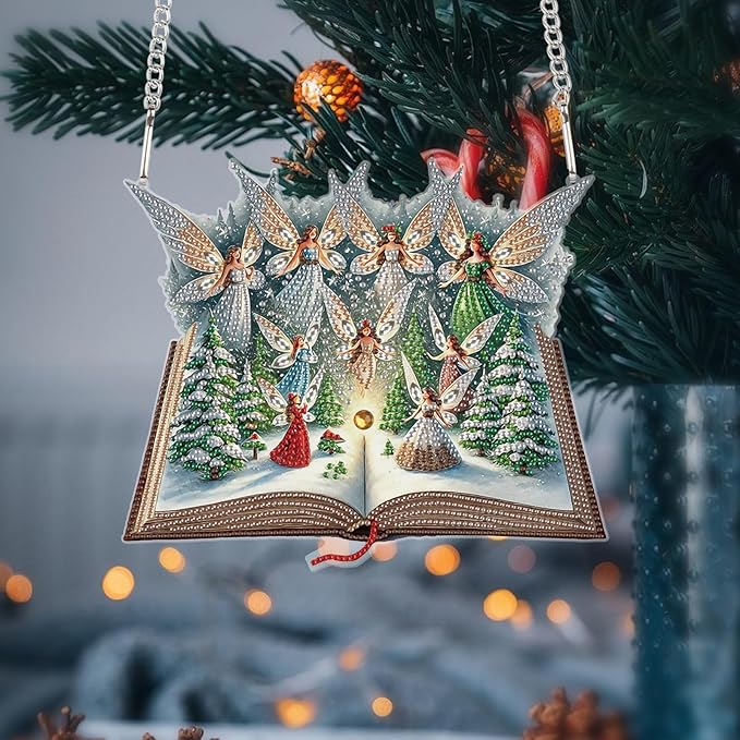 5D Christmas Diamond Painting Pendant Kit, Magic Book with Flying Elf and Snowy Forest, DIY Crystal Diamond Art Hanging Sign for Window, Door & Wall, Fantasy Home Decoration Gift, 24.1 x 20.4 cm