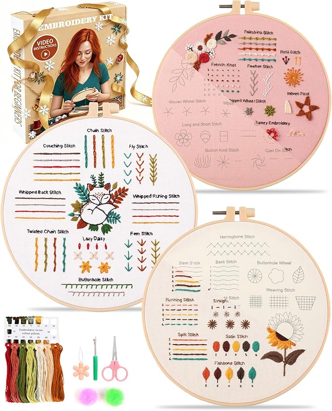 hi-yomilaugh 3 pack beginner embroidery kit & cross stitch kits for adults, needles & tools, easy needlepoint set with step-by-step instructions & video tutorial (floral garden)