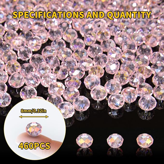 laopottbeads 460pcs 8mm crystal glass beads for jewelry making beads for bracelets necklace pendants making supplies(pink)