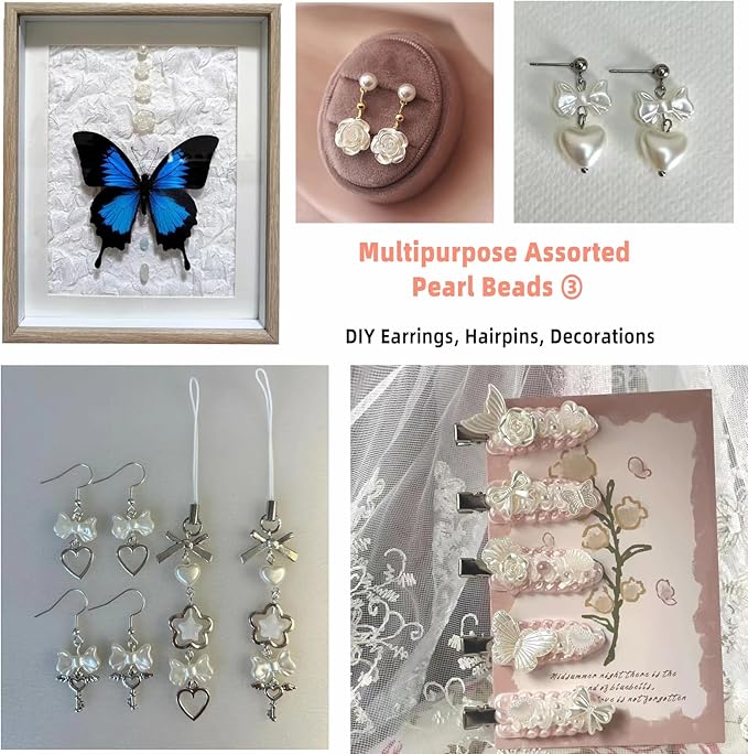 Baroque Pearl Beads for Junk Case Charms Kit,Assorted Unique Aesthetic Y2K Beads with Holes, Vintage Relief Flower Bow Angel Charms for DIY Phone Charms, Bracelet Jewelry Making Decor Supplies, White