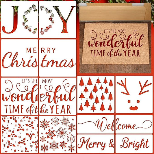 14 Pcs Christmas Stencils for Doormat Painting Welcome Merry Christmas Stencils Kit for DIY Craft Winter Xmas Decoration Reusable Polyester Film Template with Open Ring