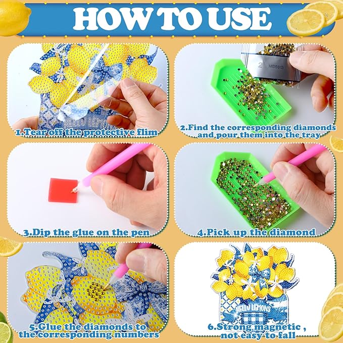 Zonon 6 Pcs Lemon Diamond Art Hanging Sign Decor Summer Capri Lemon Diamond Painting Kits Blue Yellow Adult DIY Craft Art Acrylic Hanging Pendant Ornaments Wreath for Wall Window Home Decorations