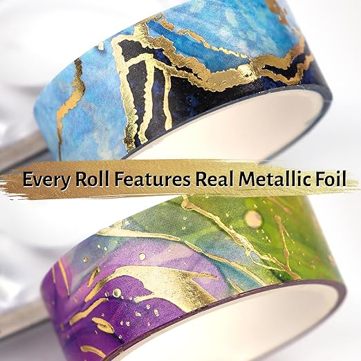 Gold Washi Tape Set - 24 Rolls Metallic Foil Marbling Washi Tape, Decorative Washi Tapes for Junk Journal Supplies, Bullet Journal Supplies, DIY Crafts, Scrapbooking, School Supplies