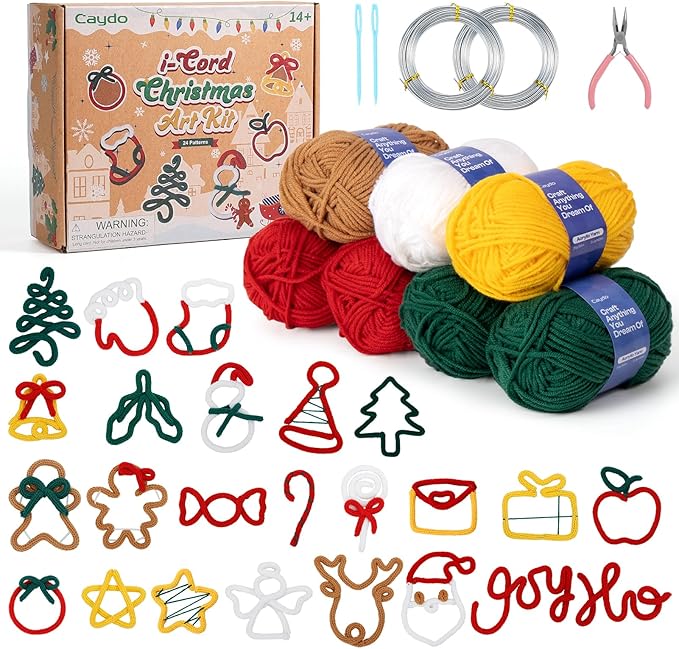 Caydo i Cord Christmas Decoration Making Kit with 24 Patterns, 7pcs Arcylic Yarns and 49ft Craft Wire Kits for Beginners, DIY Xmas iCord Handicraft Making Kit for iCord Knitting Machine(Not Included)