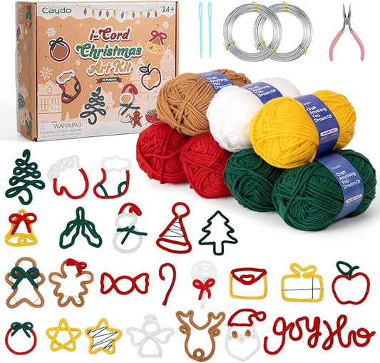Caydo i Cord Christmas Decoration Making Kit with 24 Patterns, 7pcs Arcylic Yarns and 49ft Craft Wire Kits for Beginners, DIY Xmas iCord Handicraft Making Kit for iCord Knitting Machine(Not Included)