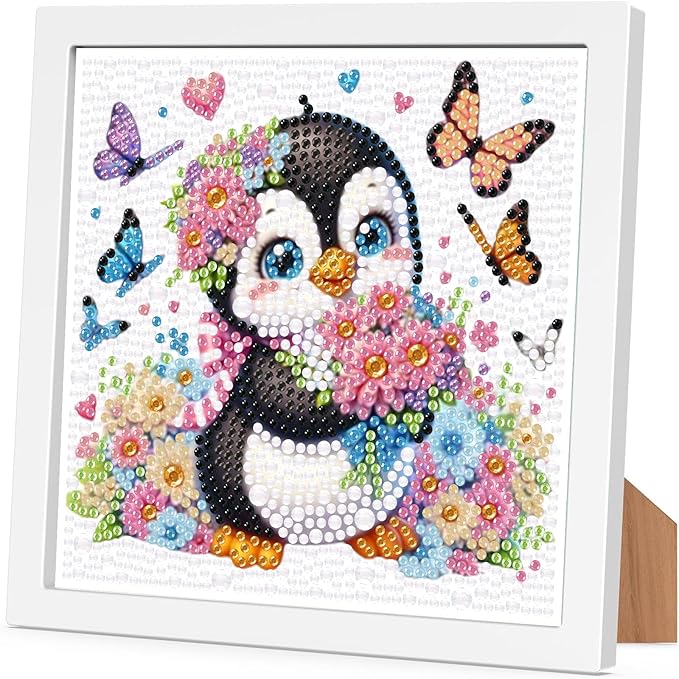 Arttoplus Penguin Diamond Art Kits for Kids 4-6-8-12 with Frame-Penguin Gem Art Kits for Kids,Animal Diamond Painting Kits with Frame for Gift Home Wall Decoration(7x7inch)