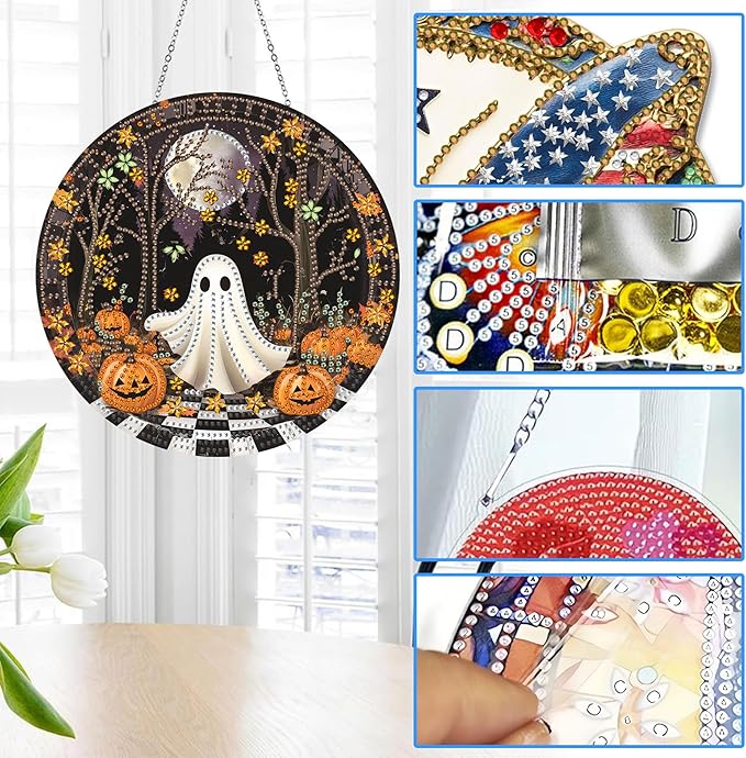 Reofrey Hanging Diamond Art Kits for Adults - 8x8 Inch Halloween Ghost Acrylic Board Double Sided Pattern Diamond Art Suncatcher Pendant, Crystal Art for Wall or Window Decoration Handmade Gift