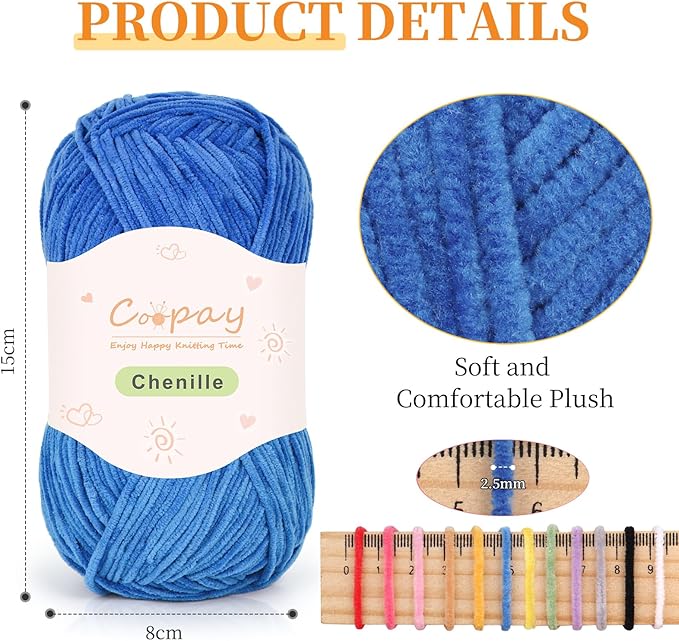 Coopay Skinny Chenille Yarn for Crocheting and Knitting, 12 Pack of 50g/1.76oz - 1764yd Total, Crochet Yarn of Light Weights - Suitable for Baby Blankets, Plush Toys, Garments - Super Soft (Blue)