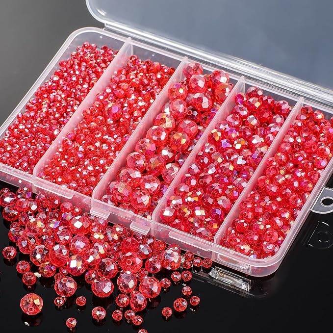 Song Xi 1250PCS 5 Different Size Red Crystal Beads for Jewelry Making, Rondelle Glass Beads for Bracelets Necklace, Earring and Making Supplies, Arts and Crafts, AB Color (3/4/6/8/10mm)