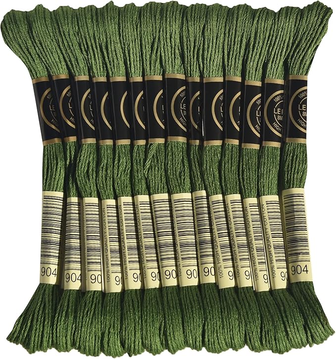 LE PAON Embroidery Floss, 14-Pack Six Strands 100% Long Staple Cotton Embroidery Thread, 8.7-Yard，Color Number：904, Very Dark Parrot Green