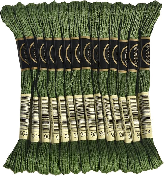 LE PAON Embroidery Floss, 14-Pack Six Strands 100% Long Staple Cotton Embroidery Thread, 8.7-Yard，Color Number：904, Very Dark Parrot Green