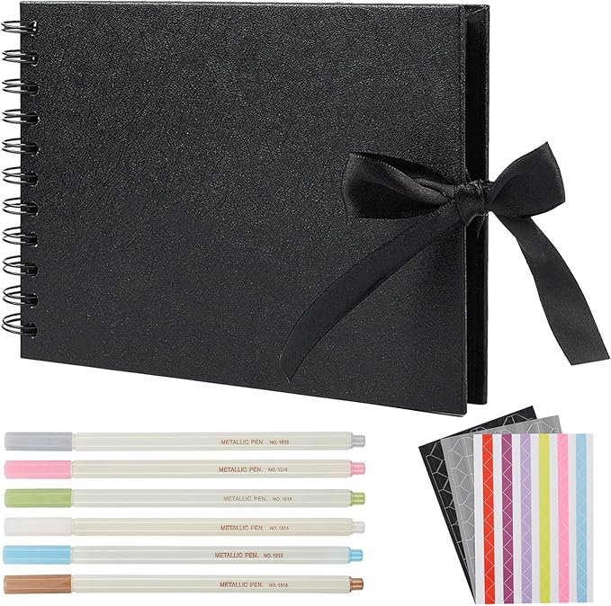 60 Pages Small Scrapbook Album with 6 Metallic Markers, 8.5 x 5.9 Inches Black Paper Photo Album for Wedding Anniversary, Family DIY Scrapbook Accessories