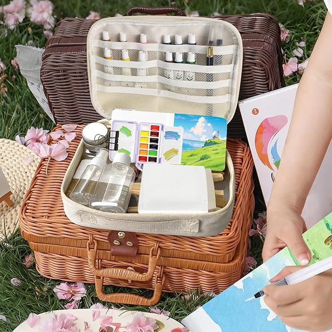 Mini Watercolor Travel Paint Set,22Pcs Artist Watercolor Palette Travel Set with Colors,Wooden Paint Box,Brush,Holder,Oil Cup,Bottles Storage Bag for Beginners Artists Student(12 Grids Purple)