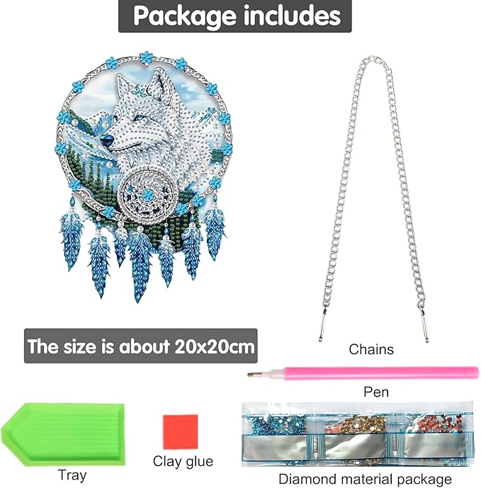 Bimkole Dream Catcher Wolf Diamond Art Hanging Kit for Adult, DIY 5D Diamond Art Painting Window Pendant, Acrylic Crystal Art Hanging Ornament for Wall Home Garden Front Door Decor - 7.8x7.8 Inch