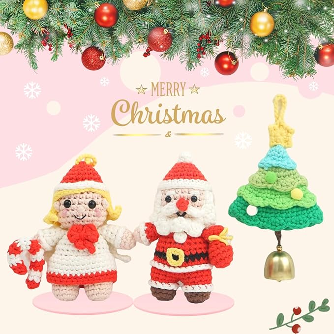 minimal beee Beginner Christmas Crochet Kit - 3-Piece Santa & Mrs. Claus Set, Complete Craft Supplies with Video Tutorials for Christmas Tree Decor.Gift Hobby for Adults