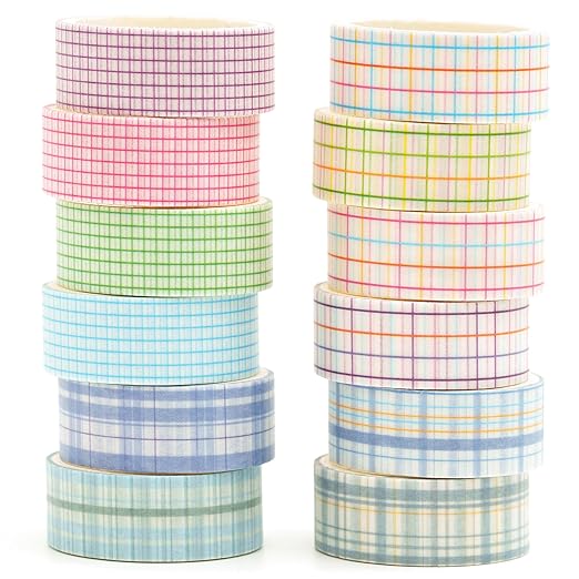 12 Rolls Grid Washi Tape Set Plaid Arts Adhesive Tapes Basic Patterns Decorative Masking Tape Sets for Craft, Kids, Scrapbook, DIY, Gift Wrapping (Style Three)