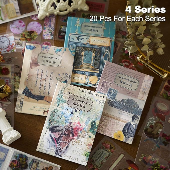 Vintage PET Sticker Book, 80 Pages Fantasy Ephemera for Scrapbooking, Journaling, Crafting, DIY Projects, and Art Supplies