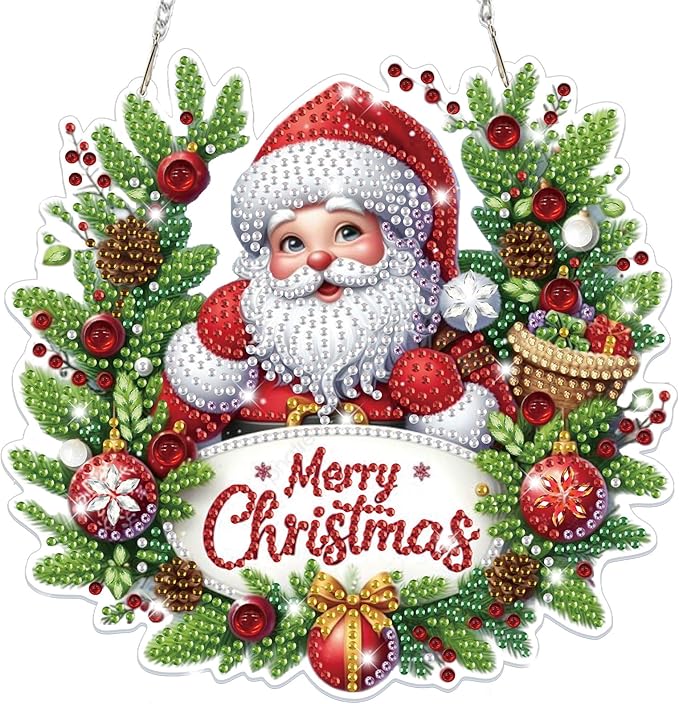 Bowetile Christmas Diamond Art Hanging Kits for Adults, Diamond Art Suncatchers Santa Claus, 5D Special Shape Diamond Painting Pendant Window Ornament Christmas Gifts for Home Door Wall Decor