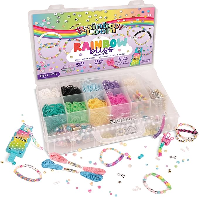 Rainbow Loom: 2,400 Bands & 1,000 Beads AutoLoom Rainbow Bliss Kit with AutoLoom & Finger Loom – DIY Braid & Bead Bracelet Jewelry Making Set for Kids 7+