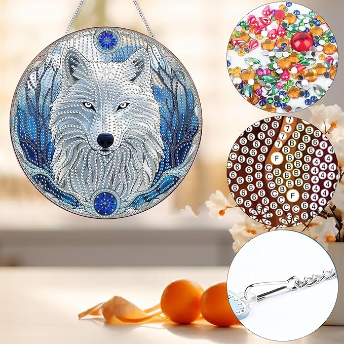 Bimkole White Wolf Diamond Art Hanging Kit for Adult, DIY 5D Diamond Art Animals Window Pendant, Acrylic Crystal Art Hanging Ornament Home Wall Garden Front Door Sign Outdoor Decor 7.8x7.8 Inch