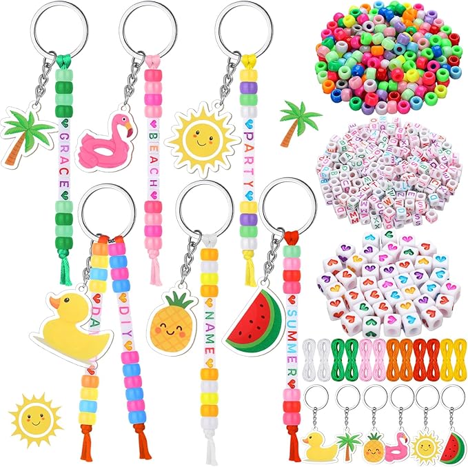 Landical 564 Pcs Summer DIY Bead Keychain Kit Key Chain Making Craft Adjustable Letter Beads String Mama Sport Gift Alphabet Jewelry Backpack Accessories Holiday Party Favor (Hawaii, Vibrant Color)