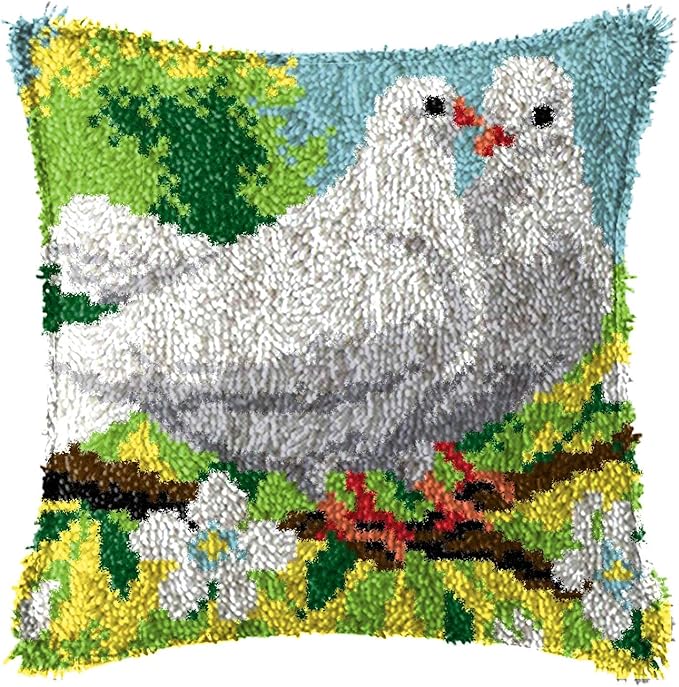 LAPATAIN Latch Hook Kits for DIY Throw Pillow Cover,Needlework Cushion Cover Hand Craft Crochet for Great Family 17X17inch White Dove