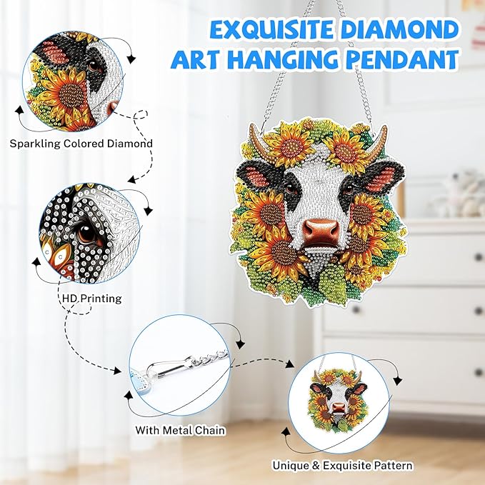 Bowetile Hanging Diamond Art Cow Kits for Adults, 5D Special Shape Diamond Painting Sunflower Kits, Animal Diamond Gem Art Suncatchers Painting Pendant Ornament for Home Garden Wall Decor