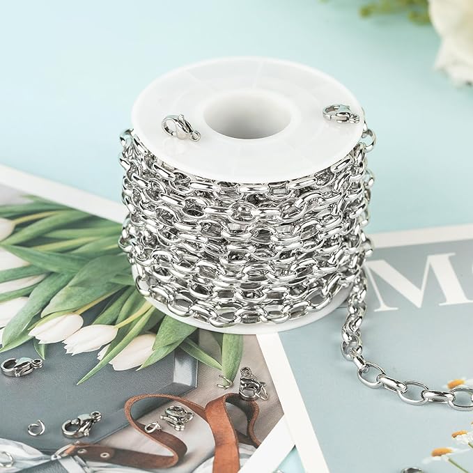 UMAOKANG 16.4 Feet Stainless Steel Jewelry Making Chain Oval Chains Bulk with Jewelry Findings Men and Women Necklace DIY