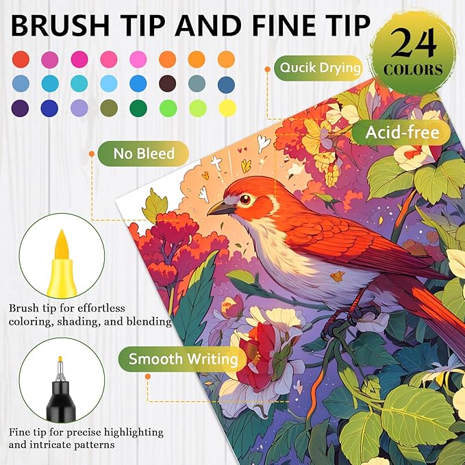 Adult Coloring Book for Adults Relaxation, Stress Relief Coloring Book with 24 Dual Tip Markers, Relaxing Gifts for Women with 128 Patterns Include Animals Flowers Plant Birds Nature Style (4 Pack)