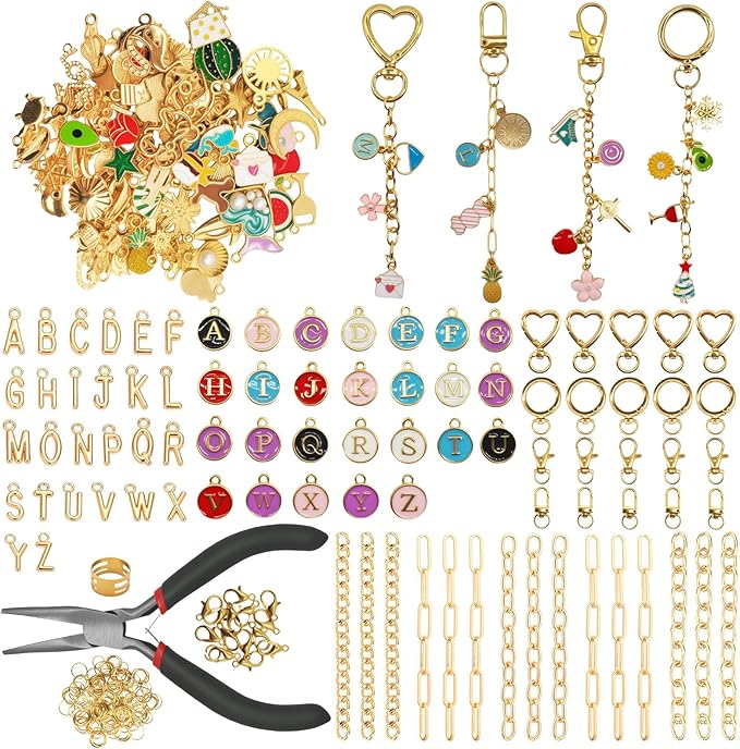 Aucscott 404Pcs Lipgloss Lip Gloss Charms Keychain Making Kit, DIY Craft Supplies - Clip Hooks, Jump Rings, Lobster Clasps, Letter Charms & Tools for Custom Keychains Earrings Bags