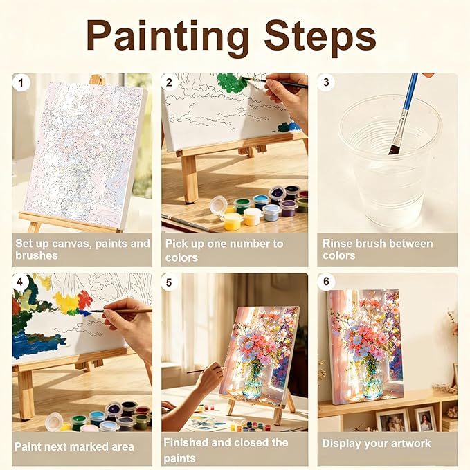 Gemozaic Flowers Paint by Numbers Kit for Adults with Frame and Easel, Flower Framed Adults' Paint by Number Kits, Oil Acrylic Painting for Home, Office, Wall Decor, 8 x 12 Inch