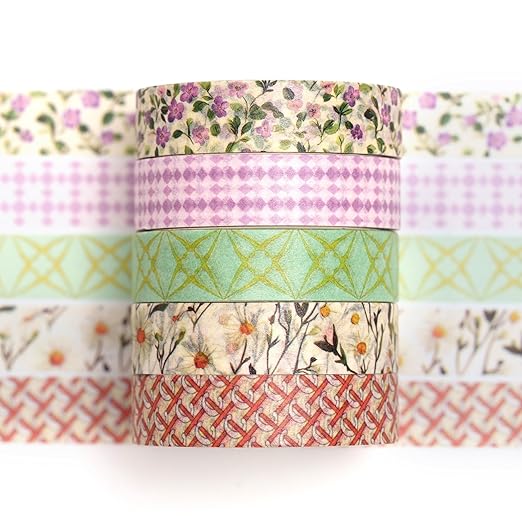 Fantasy Washi Tape Set - 5 Rolls Texture Arts Adhesive Tapes Basic Patterns Decorative Masking Tape Sets for Craft, Kids, Scrapbook, DIY, Gift Wrapping (7-Floral Breeze)