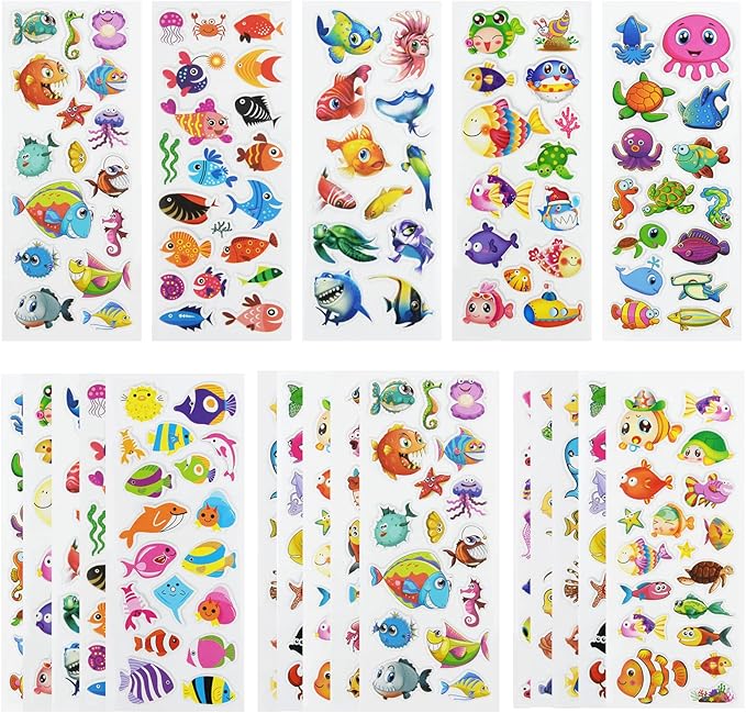 24 sheets(400+) fish 3d puffy stickers for toddlers kids, bulk preschool sticker sheets for reward, craft, scrapbooking