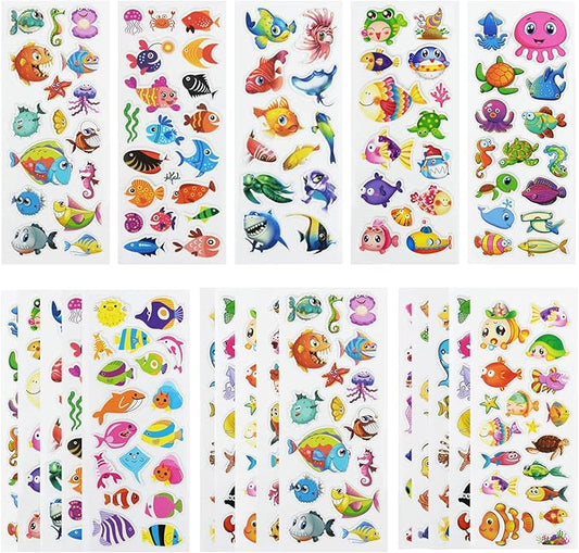 24 sheets(400+) fish 3d puffy stickers for toddlers kids, bulk preschool sticker sheets for reward, craft, scrapbooking