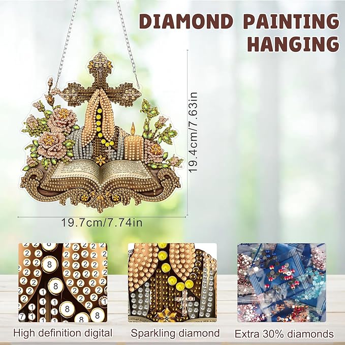 MAXBYE Diamond Art Kits Hanging Cross Pendant, DIY 5D Special Shaped Diamond Painting Craft Gem Art Rhinestone for Adults and Home Window Door Decor 8×8 Inch