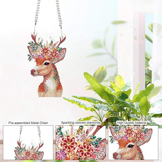 Deer Animal Diamond Painting Hanging Kit – DIY Acrylic 5D Special Shaped Diamond Art Pendant Ornament Board for Wall, Door Garden Decoration, Handmade Craft Kit Gift for Adults and Beginners