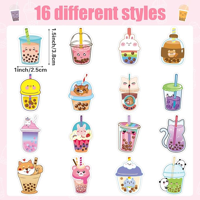 beyumi bubble tea sticker roll - 1000pcs boba stickers in 2 rolls waterproof vinyl drinks theme cute kawaii bubble tea decals gift laptop bottle scrapbooking luggage computer envelope decor for kids