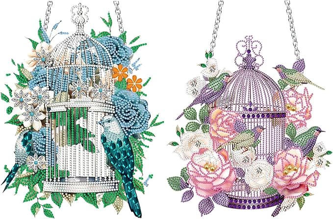 Flower Birdcage Design DIY Diamond Art Painting Wreath Kits Special Shaped Rhinestone Diamond Art Window Pendants Home Garden Wall Hanging Kits (Single Side Point Drill) (#11-Cat) (#09-2PC Bird)