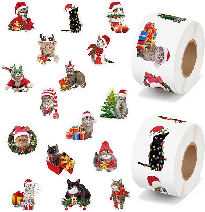 h1vojoxo christmas cat sticker rolls- 1000pcs holiday cat stickers for kids 16 styles christmas cute cats realistic sticker xmas gift cats stickers for envelopes craft water bottles