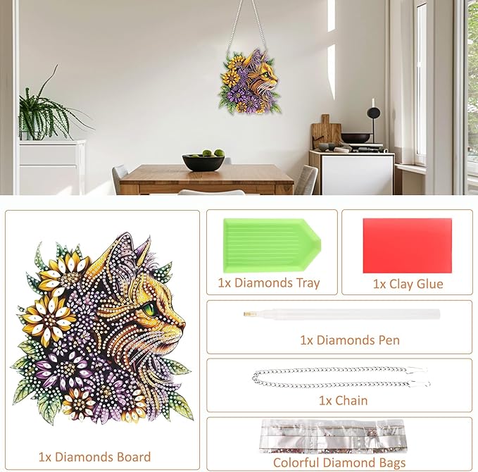 SENQAO DIY Acrylic Diamond Art Painting Cat Kits Special Shaped Rhinestone Diamond Art Window Pendants Home Garden Wall Hanging Kits Hanging Ornament