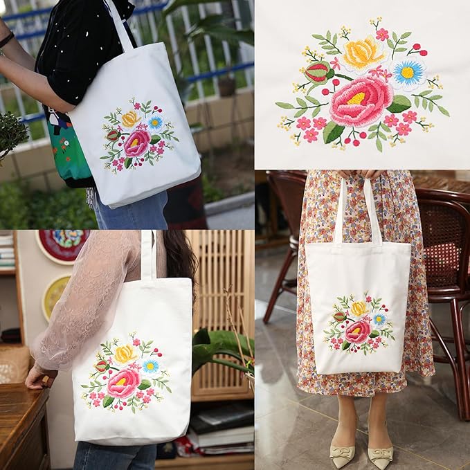 CREAWONDER Canvas Tote Bag Embroidery Kit with Pattern for Beginners, Arts and DIY Embroidery Crafts Kits for Adults, Include Instructions, Thimble, Embroidery Hoops, Color Threads and Tool