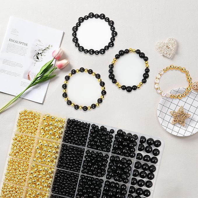 2116PCS Beads for Bracelets Black Pearl Bracelet Making Kit Bracelet Kits Bracelet Bead Kits Small Pearl Beads and Gold Bead Beading Kit for Bracelets Jewelry Making Kit for Adult