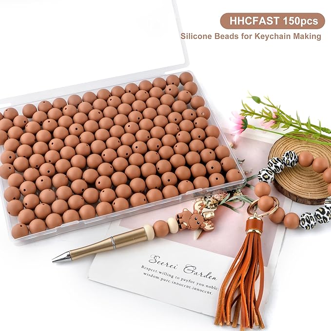Silicone Beads, 150Pcs 15mm Round, Bulk for Keychain Making, Bracelet Making, Necklace Making, Camel