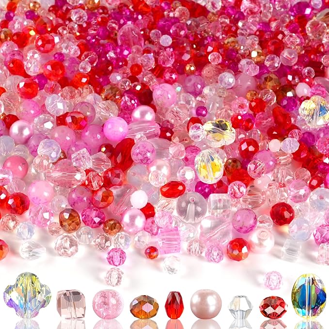 636pcs glass beads for jewelry making - pink red valentine's day craft crystal beads with loose beads sparkly faceted beads hole drilled diy for bracelets craft earrings necklace jewelry making