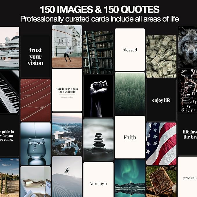 Vision Board Kit for Men - 168 Cards with Diverse Pictures & Quotes, Black Foldable Board & Complete Guide Book | Manifestation Clip Art Collage Supplies for Male Adults | No Old Magazines Needed