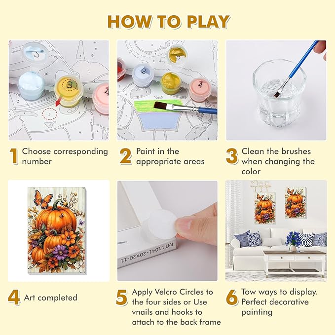 Bowetile Halloween Framed Paint by Numbers for Adults Beginners, Easy Adults' Paint-by-Number Pumpkin Kits on Canvas, Acrylic Fall Number Painting Crafts Kits Halloween Gifts for Home Decor, 8x12in