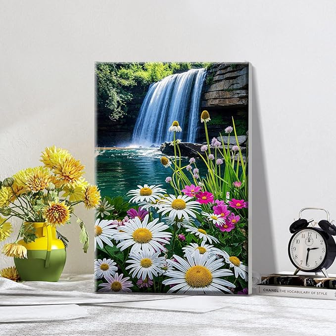 ATDMS Paint by Numbers Kit for Adults with Frame, Landscape Paint by Number with Easel, DIY Flowers Adult Paint by Number Kits on Canvas, Waterfall Oil Painting Kits for Home Wall Decor 8x12 Inch
