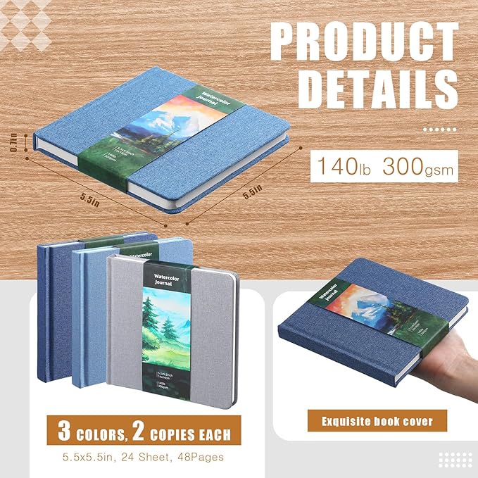 Mooliwe 6 Pcs Watercolor Sketchbook Journal Small Paper Watercolor Journal Bulk for Painting 300 GSM 140 LB Cotton Cold Press for Gifts(5.5" X 5.5",Blue Series)