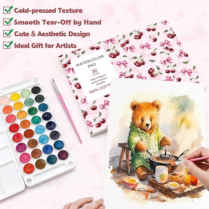 30 Sheets Watercolor Paper Pad with 2 Pcs Watercolor Brush, 140lb/300GSM Water Color Paper 9x12in, Cold Pressed Tearable Water Color Sketchbook Easter Gifts for Beginner Artists